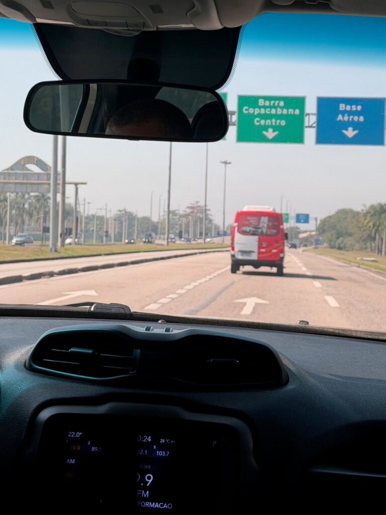 City-bound road signs seen from a car near Galeão airport in Rio de Janeiro
